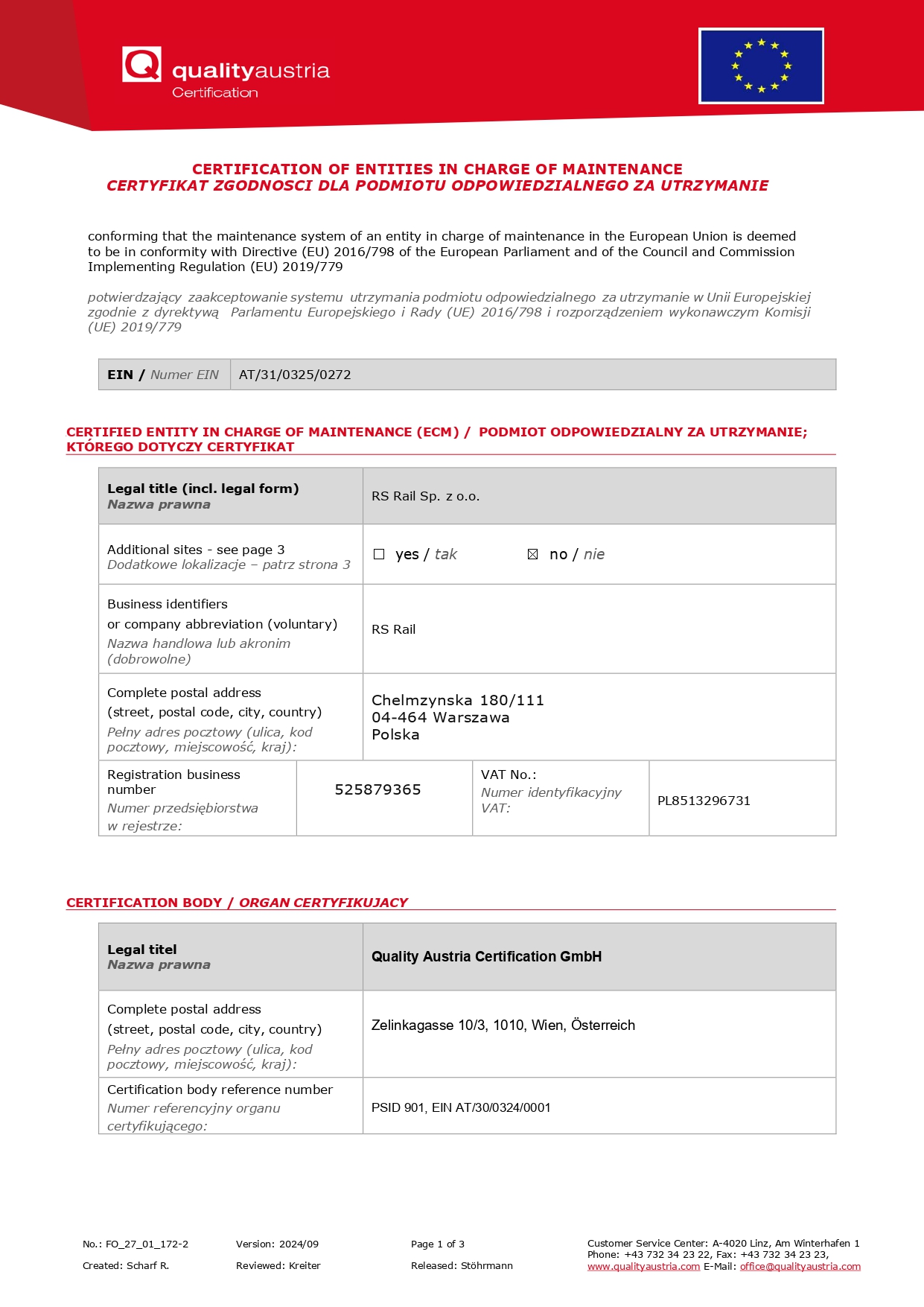Certyfikat ECM RS Rail - Quality Austria Certification GmbH