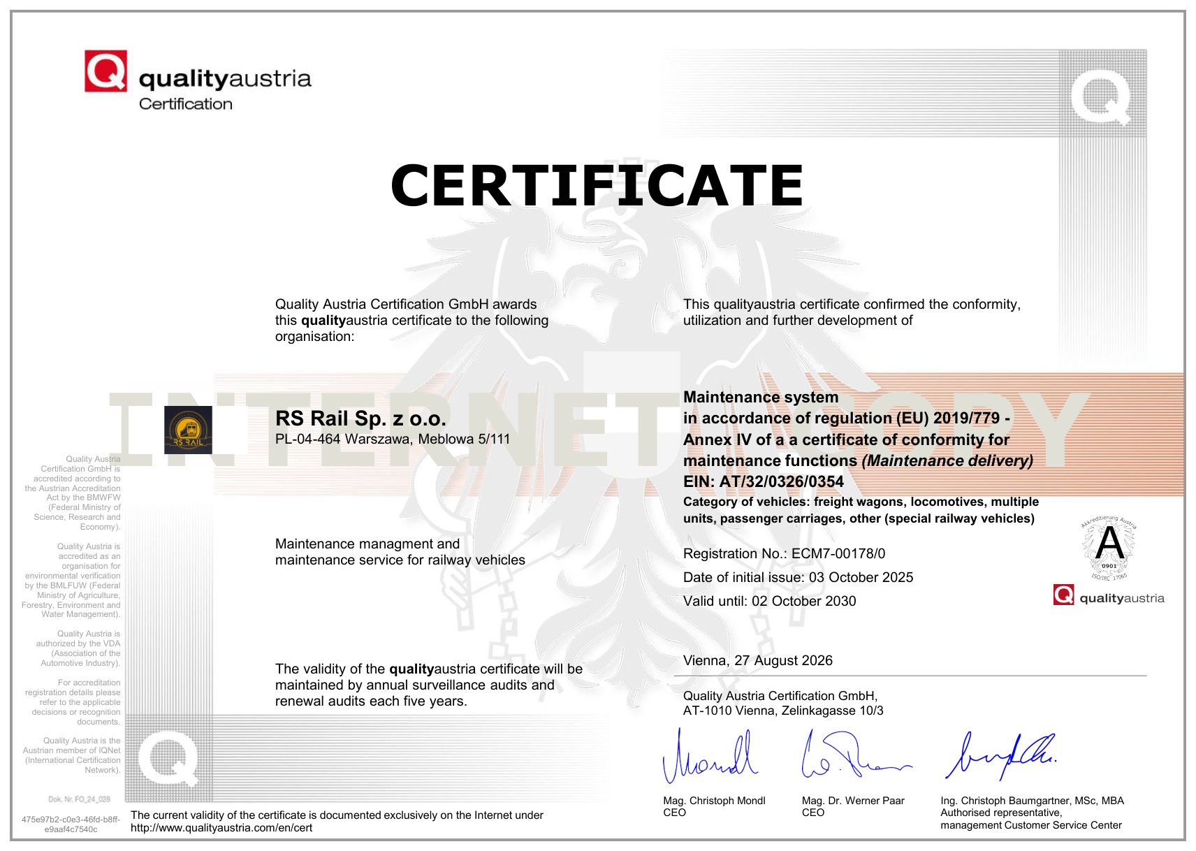 Certyfikat zgodności dla funkcji utrzymania – dostarczanie utrzymania – Wersja angielska – RS Rail, Quality Austria Certification GmbH