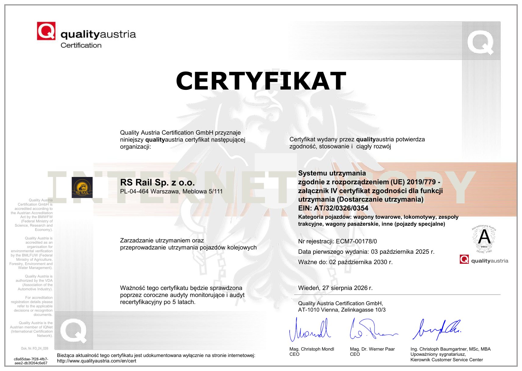 Certyfikat zgodności dla funkcji utrzymania – dostarczanie utrzymania – Wersja polska – RS Rail, Quality Austria Certification GmbH