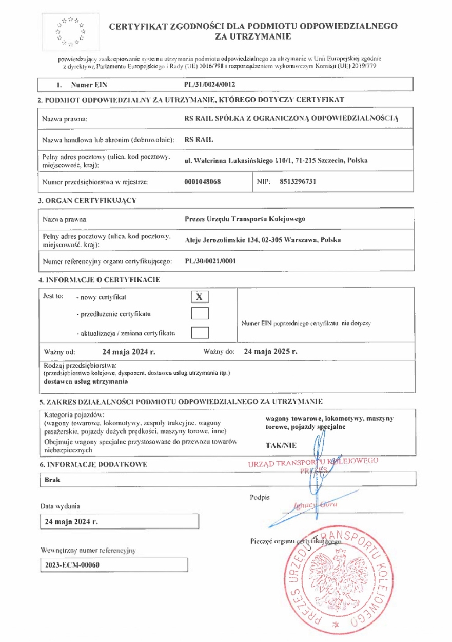 Poprzedni certyfikat ECM RS RAIL